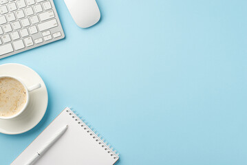 Business concept. Top view photo of workspace keyboard computer mouse open planner pen and cup of frothy coffee on saucer on isolated pastel blue background