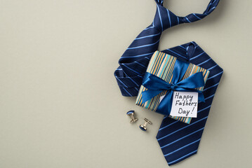 Father's Day concept. Top view photo of stylish giftbox with silk ribbon bow and postcard blue necktie and cufflinks on isolated pastel grey background - obrazy, fototapety, plakaty