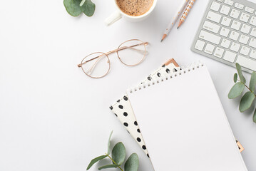 Business concept. Top view photo of workplace keyboard reminders pencils cup of hot drinking stylish glasses and eucalyptus on isolated white background with blank space