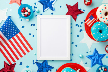 USA Independence Day concept. Top view photo of photo frame national flags stars confetti paper backing molds with candies plates with glazed donuts on isolated pastel blue background with empty space