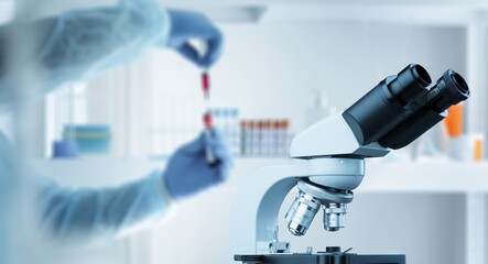 Professional laboratory microscope and scientists working in the background