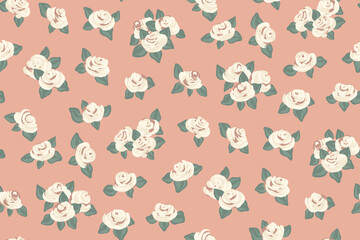 Seamless floral pattern, girly ditsy print with small hand drawn roses on a pink field. Cute botanical background with tiny plants, pretty flowers, leaves. Vector illustration.