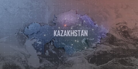 A stylized rendering of the Kazakhstan map conveying the modern digital age and its emphasis on global connectivity among people
