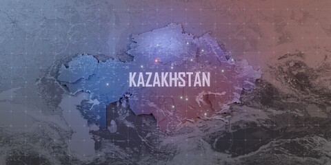 A stylized rendering of the Kazakhstan map conveying the modern digital age and its emphasis on global connectivity among people
