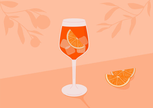 Classic Aperol Campari Spritz Cocktail in glass with ice and slice of orange. Summer Italian aperitif. Retro minimal horizontal banner. Alcoholic beverage and orange tree branches. Vector illustration
