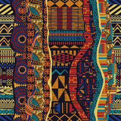 Traditional African fabric patchwork wallpaper abstract vector seamless pattern - obrazy, fototapety, plakaty