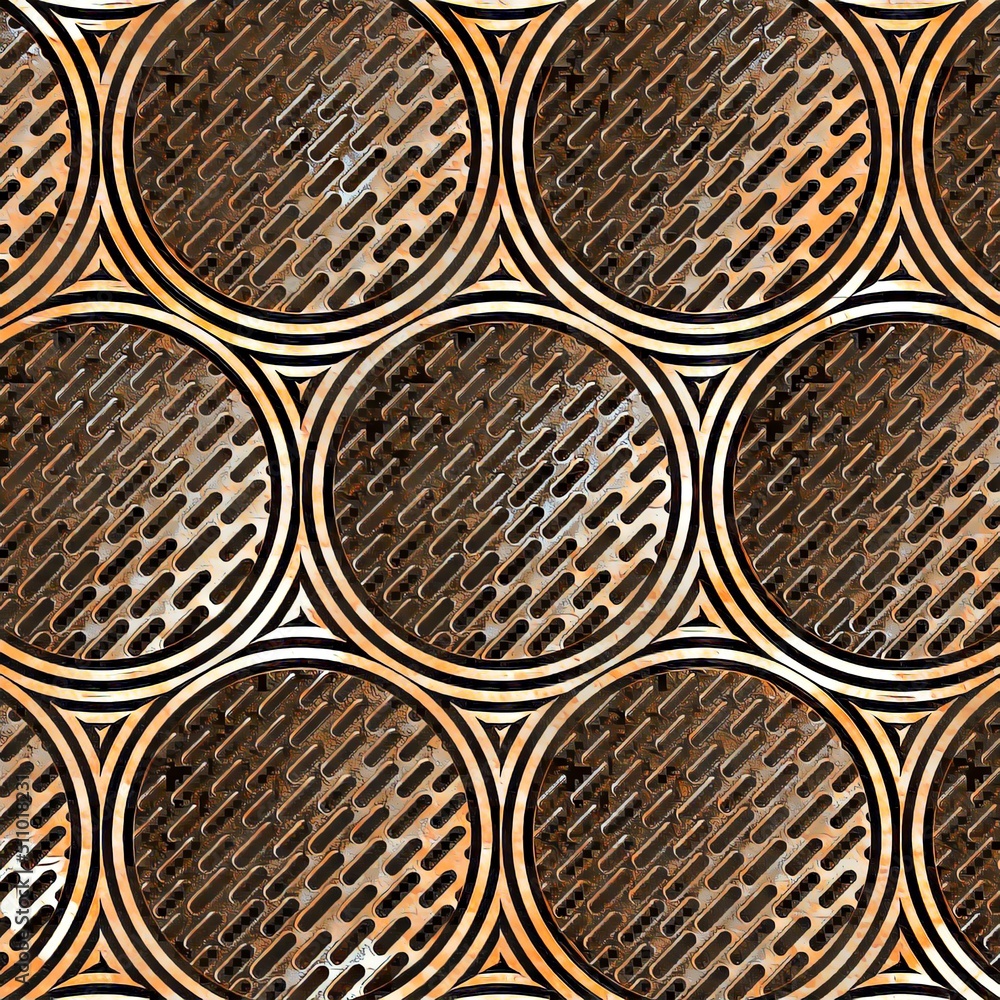 Poster collection and arrangement of many rusty circular objects