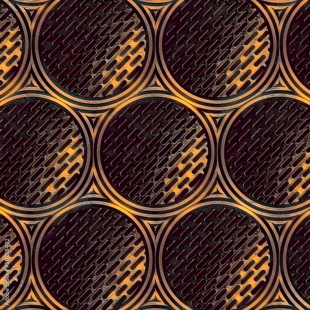 Poster collection and arrangement of many rusty circular objects