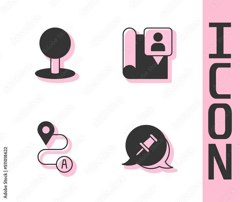 Poster set push pin, route location and folded map with marker icon. vector