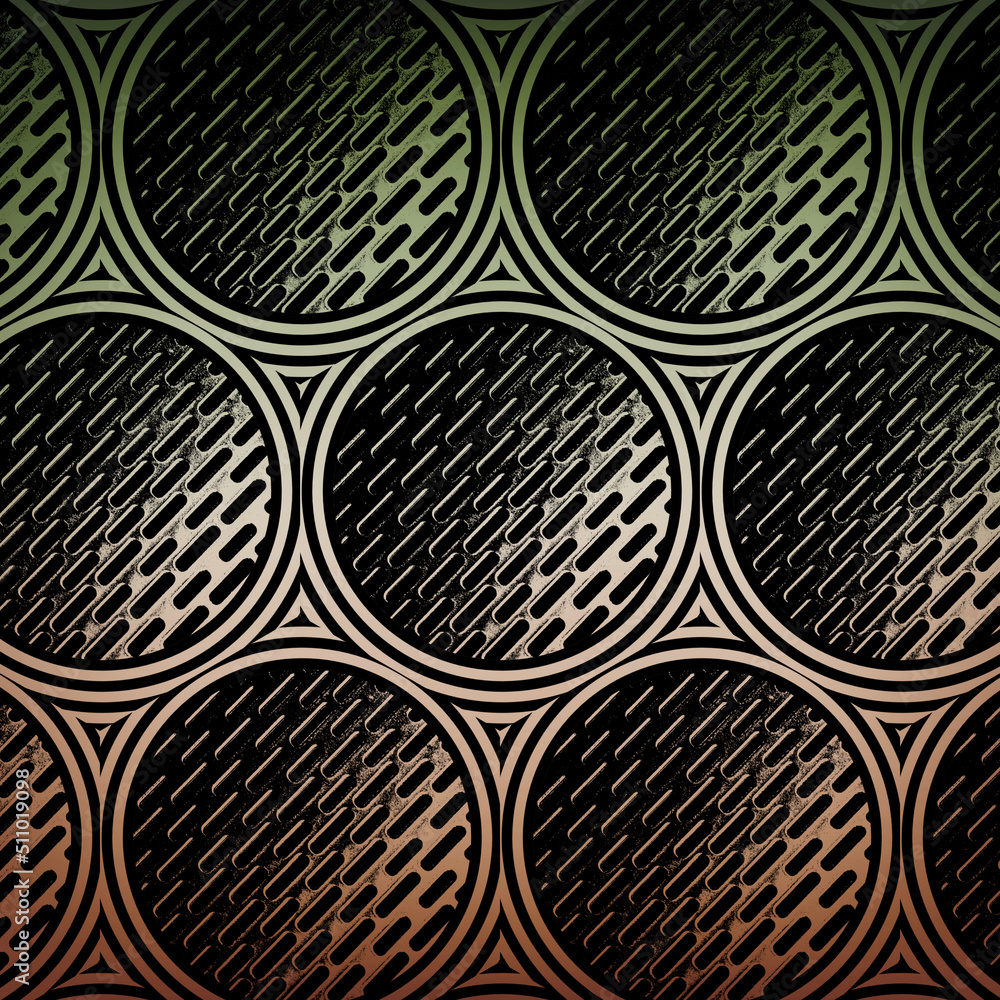 Poster collection and arrangement of many rusty circular objects