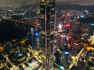 Fototapeta na wymiar Aerial view of ping an finance center at night in Shenzhen city,China