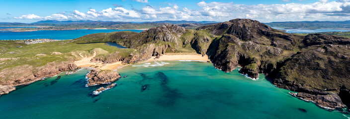 Aerial view of the Murder Hole beach, officially called Boyeeghether Bay in County Donegal, Ireland