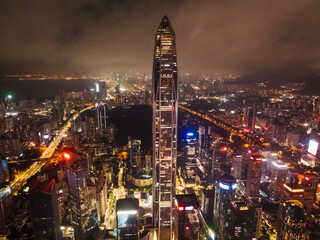 Aerial view of ping an finance center at night in Shenzhen city,China