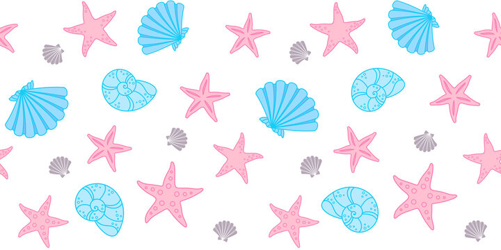 Big and small blue seashells and pink starfish on a white. Marine endless texture. Vector seamless pattern for wrapping paper, cover, packaging, wrapper, surface texture, printing on clothes and bags