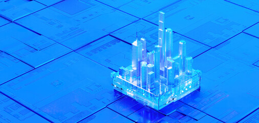 3D rendering of cyberpunk AI. Circuit board. Technology background. Central Computer Processors CPU and GPU concept. Motherboard digital chip. Tech science background.