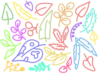 A set of tropical flora outlines drawn in a childish style in different colors. Vector.