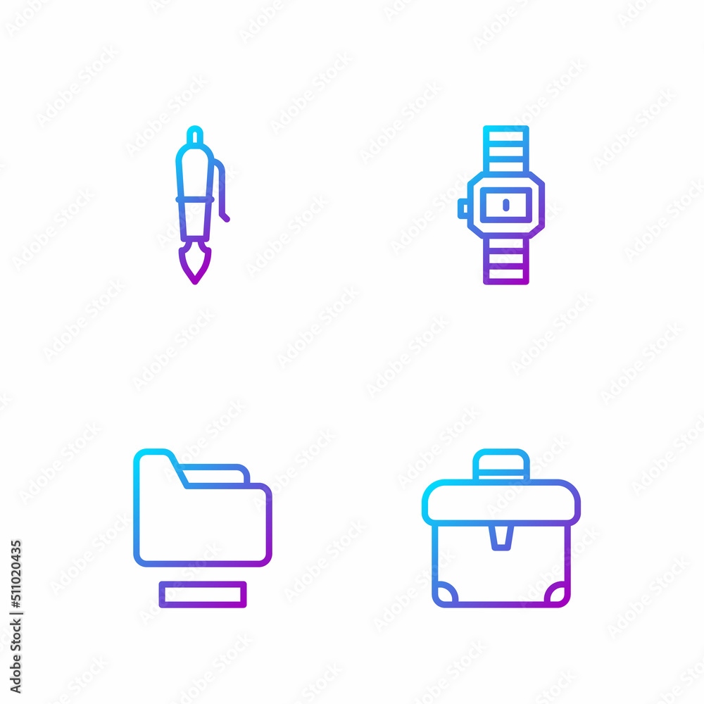 Poster set line briefcase, document folder, fountain pen nib and wrist watch. gradient color icons. vector