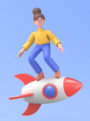 3D illustration of smiling woman Angela  standing on rocket to the moon.Business Startup,Decision Flying Concept，3D rendering on blue background.
