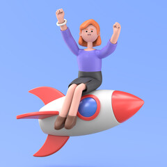 3D illustration of smiling businesswoman Ellen  riding on rocket to the moon.Business Startup,Decision Flying Concept，3D rendering on blue background.
