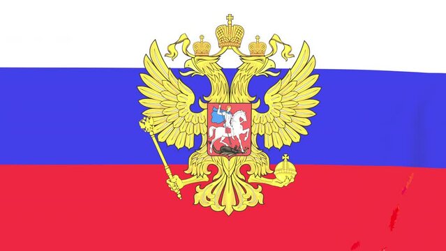 The national flag of Russia with the coat of arms fluttering in the wind.