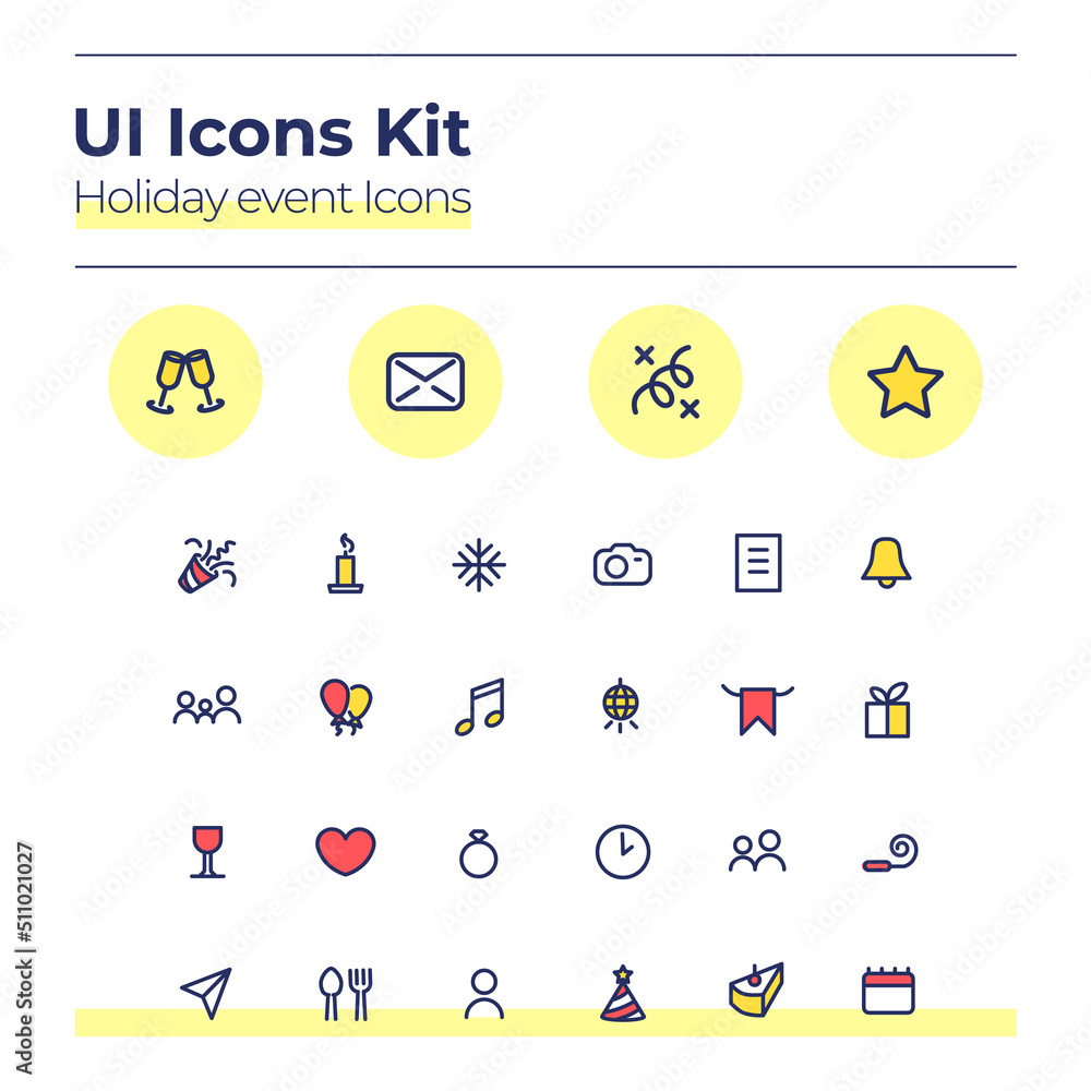Poster holiday events ui icons kit. party calender color vector symbols set. birthday, wedding date. celebr