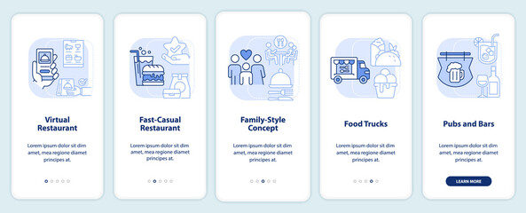 Trend restaurant concepts light blue onboarding mobile app screen. Walkthrough 5 steps editable graphic instructions with linear concepts. UI, UX, GUI template. Myriad Pro-Bold, Regular fonts used