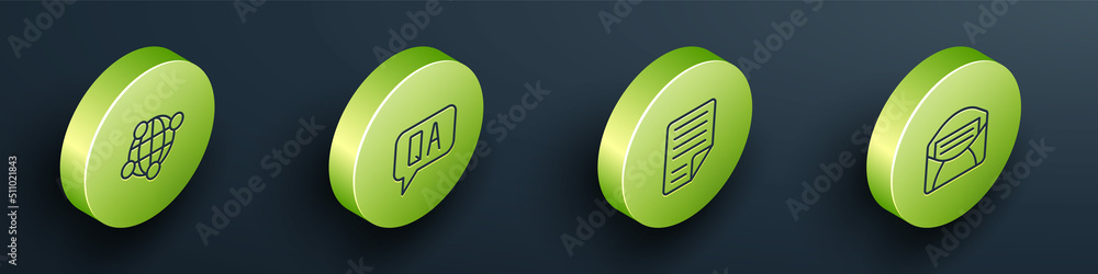 Poster set isometric line global technology, question and answer, file document and mail e-mail icon. vecto