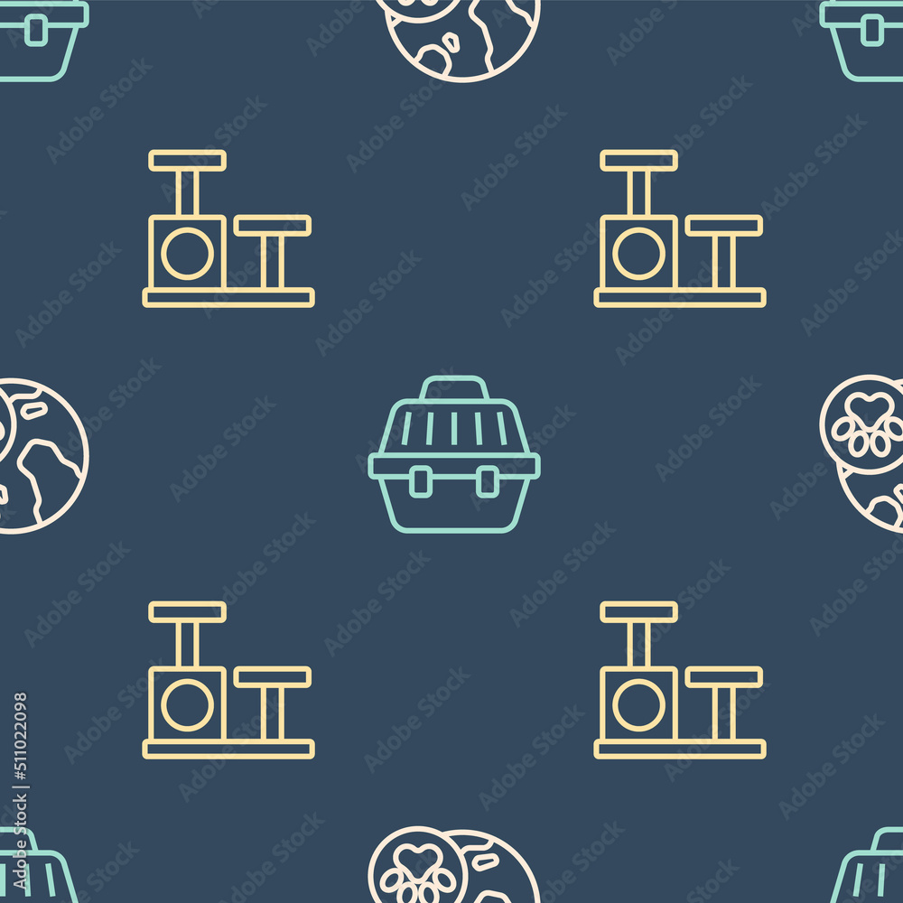 Poster set line world pet, cat scratching post with toy and pet carry case on seamless pattern. vector