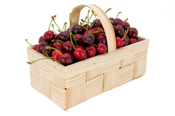 cherries in wooden basket diagonally side view