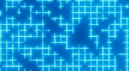 Abstract technology background collapsing virtual reality network concept, blue neon grid 3d render