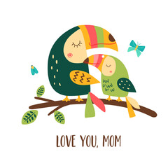 Bird mom and baby. Family birds. Happy Mothers day. Cute lovely toucan character elements. Funny mom and baby birds. Vector illustration. Jungle wildlife birds. Mommy birthday card. © Tani Kuzminka