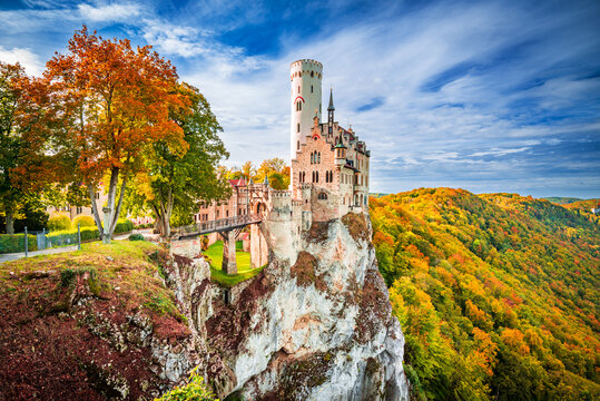Schloss Lichtenstein, Germany - Panoramic view of landmark fairytale castle.