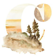 Watercolor alphabet on brown and beige background of nature.Suitable for poster for printing, print, for design works, for postcards and wedding invitations.