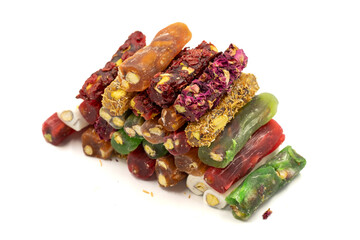 Turkish delight. Assortment of turkish delight isolated on white background. Traditional Turkish delicacies. local name parmak lokum. close up