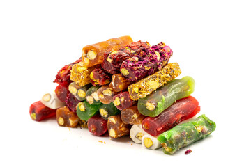 Turkish delight. Assortment of turkish delight isolated on white background. Traditional Turkish delicacies. local name parmak lokum. close up