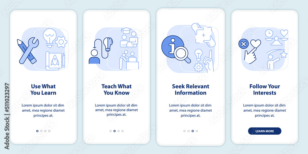 Poster practical learning techniques light blue onboarding mobile app screen. walkthrough 4 steps editable 