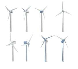 Various angle of wind turbines isolated on white. 3D rendering.