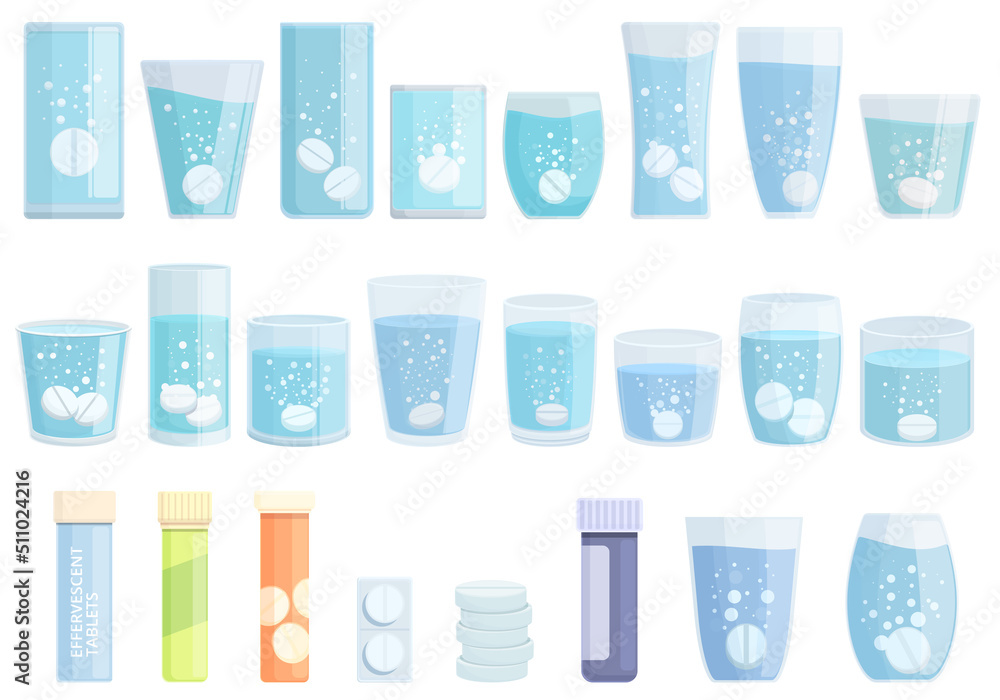 Wall mural effervescent tablets icons set cartoon vector. water pill. glass cup