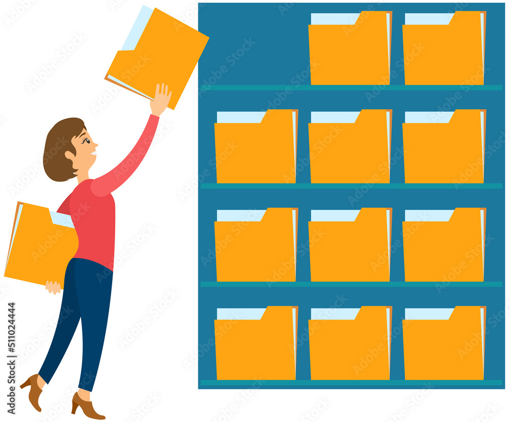 Poster cloud data storage business technology server concept web vector. business woman put in document dra