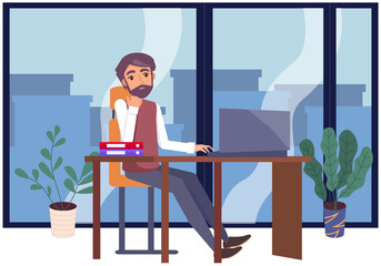 Man working at office with computer at workplace. Employee manager or businessman sitting at desk, looking at laptop, writing notes, doing tasks. Effective time management, workspace, workflow