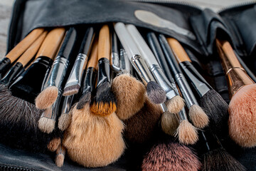 Professional visage brushes for face makeup on table.Close up brush kit