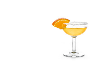 Sidecar cocktail with a sugar rim isolated on white background.Copy space