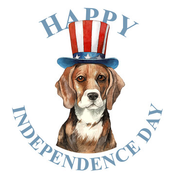 USA Independence day card. Vector watercolor American dog wearing a top hat in the colors of the USA flag with text. Happy 4th July. Template for banner, greeting card, invitation, poster, flyer, etc.