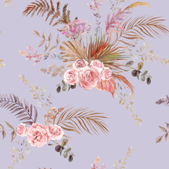Seamless watercolor pattern with herbarium of tropical palm leaves and delicate roses for textile and surface design