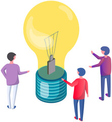 Teamwork and light bulb as symbol of new creative idea. People working on development of business plan at meeting. Planning startup, successful strategy concept. Discussing new project, develop idea