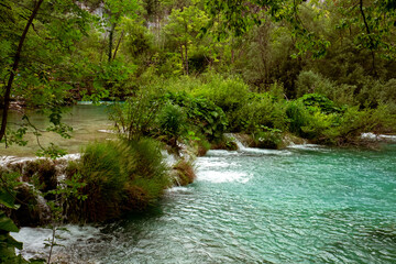 Beautiful splashes of water on waterfalls in Croatia national park Plitvice lakes