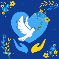 pray for Ukraine hearth with pigeon with flowers and leaves 