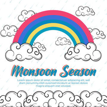 Monsoon season  White background with rainbow, clouds and rain