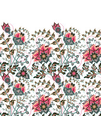 Seamless vertical fantasy flowers border pattern. Hand draw floral background. Vector. Traditional eastern pattern for textiles, wallpapers, decor etc. Gentle colors on white - 511025451