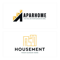 Flat line art home building apartment logo design template